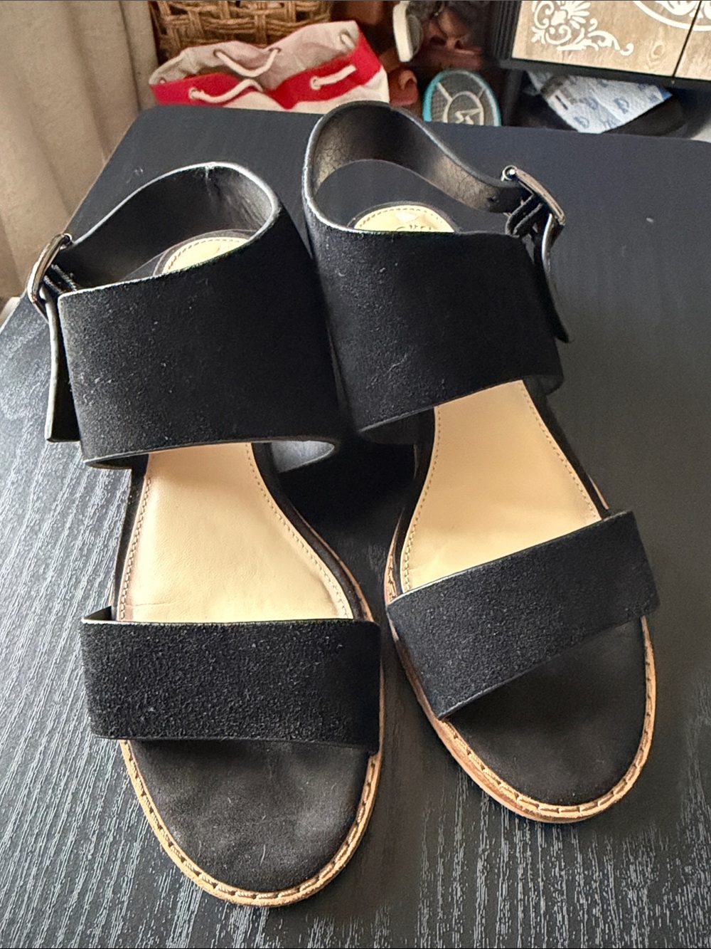 Vince Camuto Black Suede Wide-Strap Buckle Sandals with Tan Insole